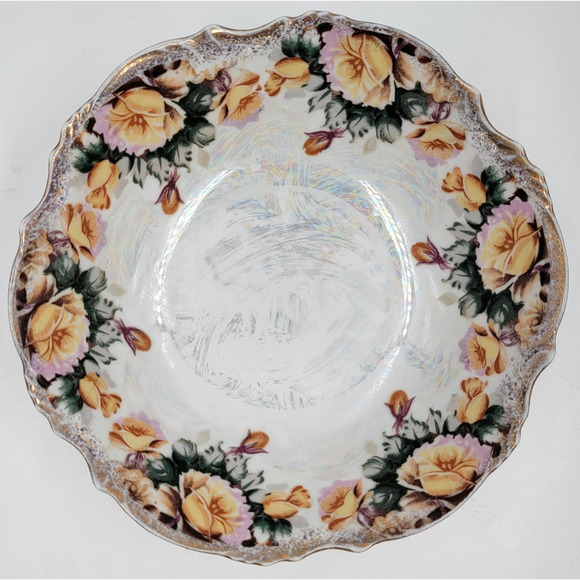 Trimont Ware 8" Bowl Iridescent Pearl Yellow Pink Flowers Gold Trim Japan 1950s - Picture 4 of 9